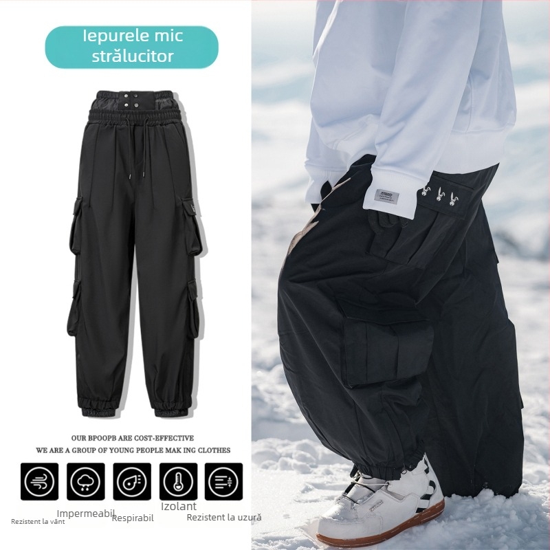 Pantaloni de snowboard unisex, căptuțiți cu velur, impermeabili și rezistenți la vânt, din poliester, cu umplutură din poliester