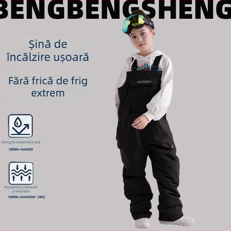 Pantaloni de ski cu bretele pentru adulți și copii – echipament de schi profesionist pentru bărbați și femei, impermeabil, rezistent la vânt, respirabil, izolație groasă, material Poliester 73% bumbac 27%