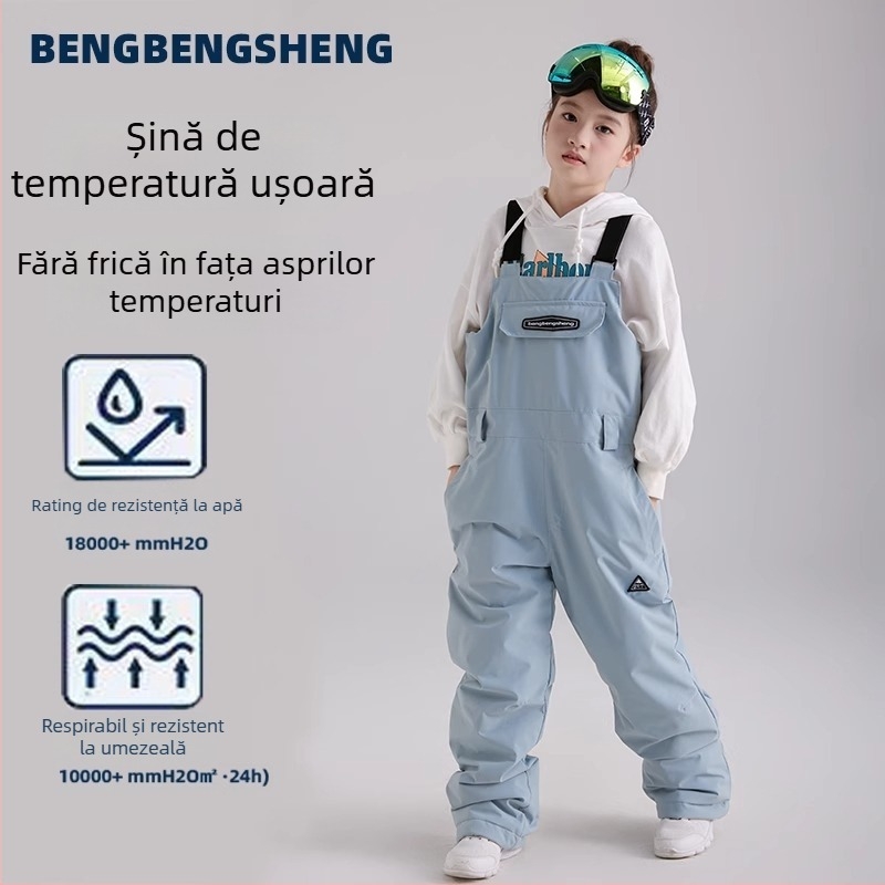 Pantaloni de ski cu bretele pentru adulți și copii – echipament de schi profesionist pentru bărbați și femei, impermeabil, rezistent la vânt, respirabil, izolație groasă, material Poliester 73% bumbac 27%