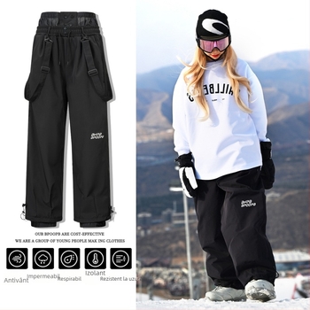Pantaloni de zăpadă căptuți cu fleece și bretele, pentru femei și bărbați, anti-vânt și impermeabili, pentru schi și alpinism, croială largă