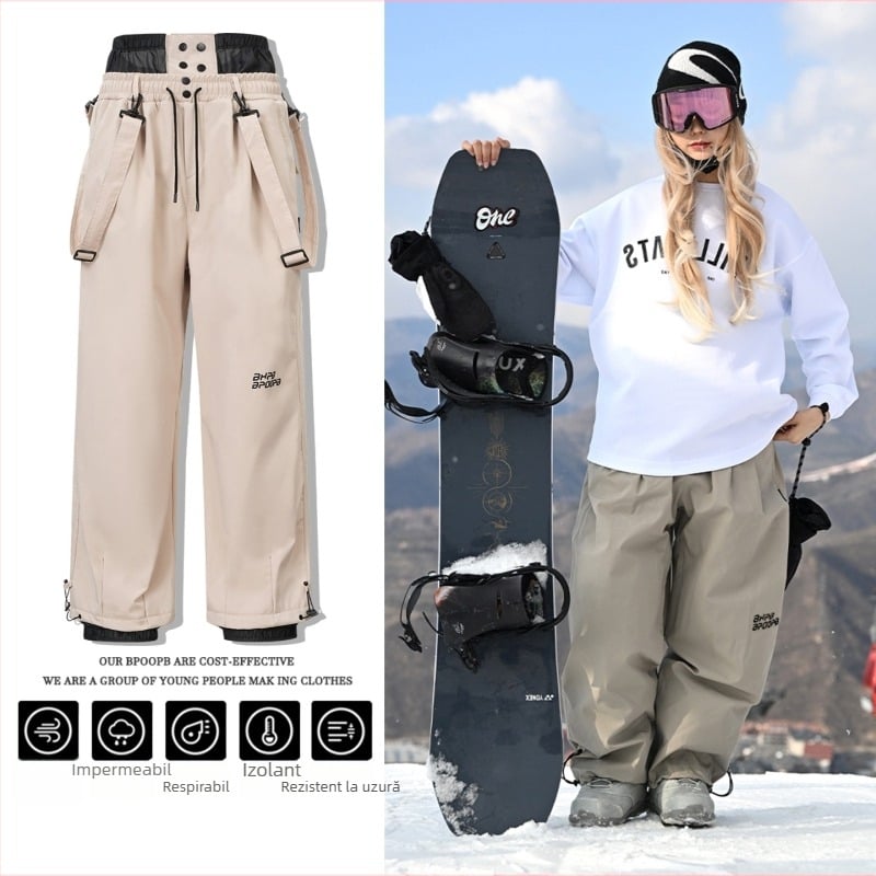 Pantaloni de zăpadă căptuți cu fleece și bretele, pentru femei și bărbați, anti-vânt și impermeabili, pentru schi și alpinism, croială largă