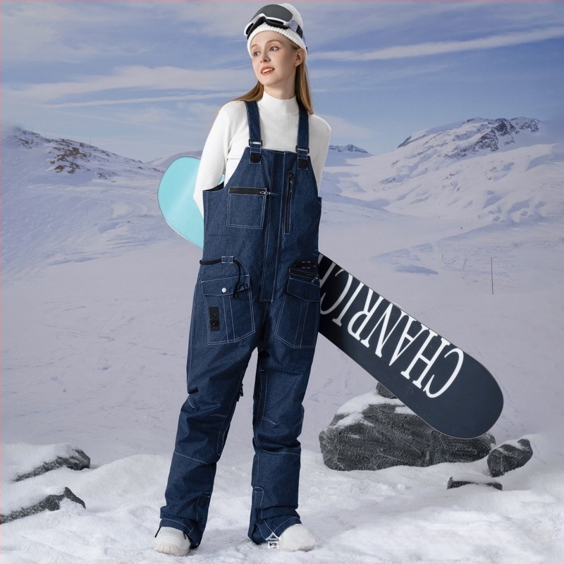 Pantaloni de schi cu bretele, impermeabili și rezistenți la vânt, izolați, țesătură poliester, material nylon, umplutură din bumbac