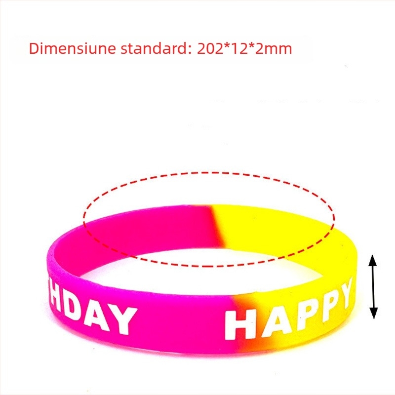 Brățară din silicon pentru Ziua de Naștere | temă La mulți ani, design circular unisex; imprimare logo disponibilă; accesoriu sportiv; lansare toamnă 2025; flexibilă, rezistentă la abraziune, rezistentă la temperaturi (-40°C până la 230°C)