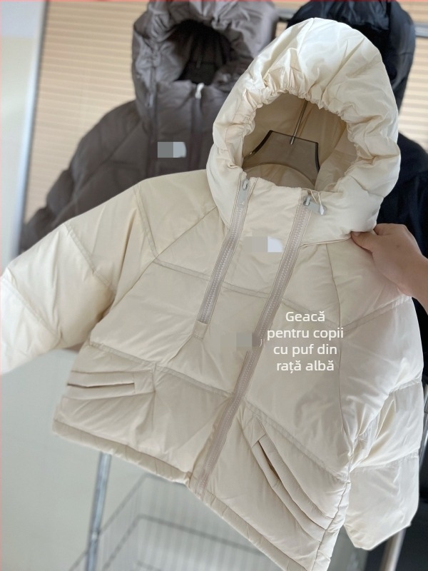 Jachetă de iarnă pentru copii, umplutură 90% puf de rață, stil coreean, exterior poliester, căptușeală poliester, mâneci lungi, fără guler, primăvara 2025