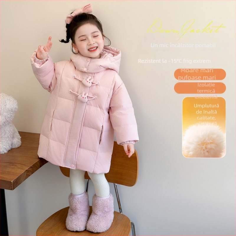 Jachetă de copii cu glugă, umplutură din puf de rață 50–55%, lungime medie, model cartoon, îmbrăcăminte de iarnă pentru copii 3–8 ani