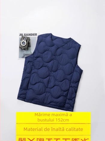 Vesta pentru bărbați, ușoară, guler rotund, închidere cu nasturi, umplutură din puf de rață alb, căptușeală din nailon