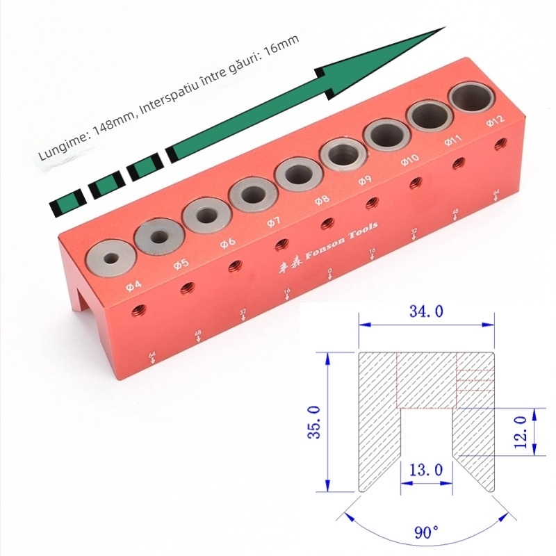 Locizator pentru găuri în lemn la 45° pentru lemn pătrat – aliaj de aluminiu, Fengsen, 4–12 mm, set 1