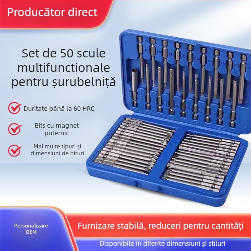 Șurubelniță electrică cu set extins de biți: triunghiular, cruce (Phillips), hexagonal și biți hex internați de formă specială; din oțel crom-vanadiu; 50 de piese; pentru uz casnic; unelte de demontare.