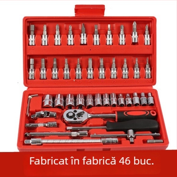 Set de unelte de 46 piese pentru reparații auto și casnice; oțel 45#; cu capete metrice