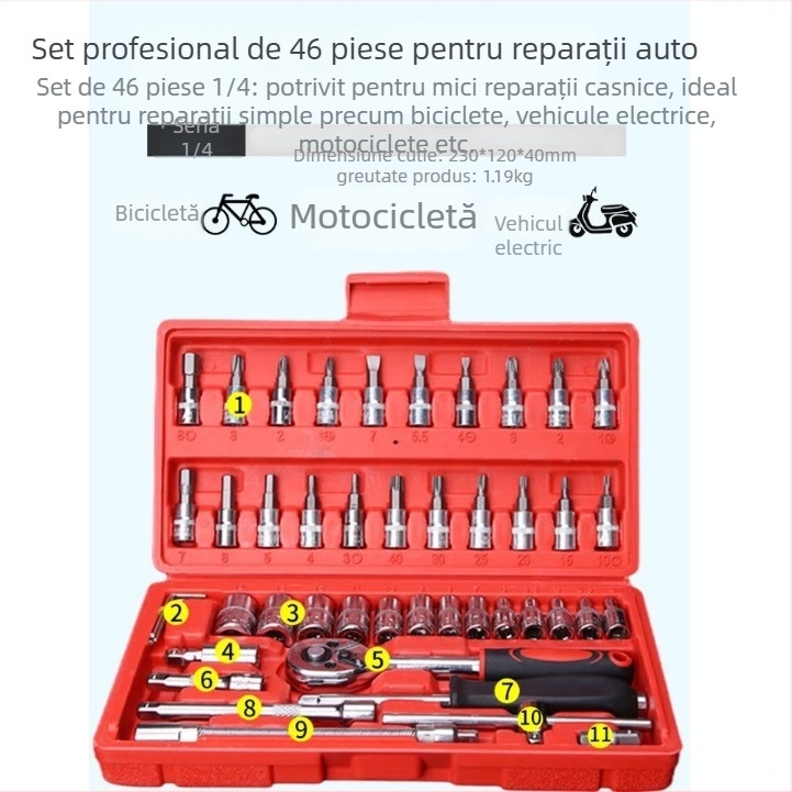 Set de unelte de 46 piese pentru reparații auto și casnice; oțel 45#; cu capete metrice