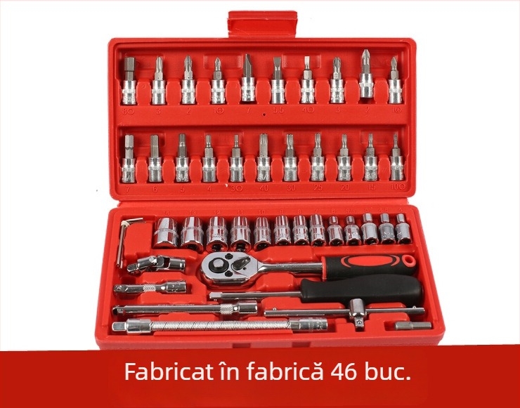 Set de unelte de 46 piese pentru reparații auto și casnice; oțel 45#; cu capete metrice
