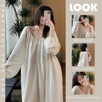 Rochie de noapte cu mâneci lungi, decolteu în V, poliester, rochie lungă, primăvara 2024