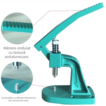 Mașină de presare pentru capacul din spate al ceasului AB-105, materiale: aliaj de aluminiu / oțel inoxidabil / plastic / cupru; set 18 buc.; destinat pentru repararea ceasurilor; Standard: Sistem Național