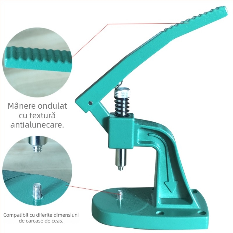 Mașină de presare pentru capacul din spate al ceasului AB-105, materiale: aliaj de aluminiu / oțel inoxidabil / plastic / cupru; set 18 buc.; destinat pentru repararea ceasurilor; Standard: Sistem Național