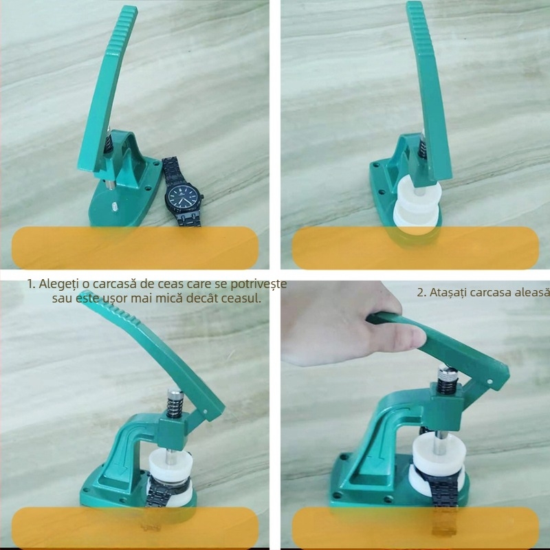 Mașină de presare pentru capacul din spate al ceasului AB-105, materiale: aliaj de aluminiu / oțel inoxidabil / plastic / cupru; set 18 buc.; destinat pentru repararea ceasurilor; Standard: Sistem Național