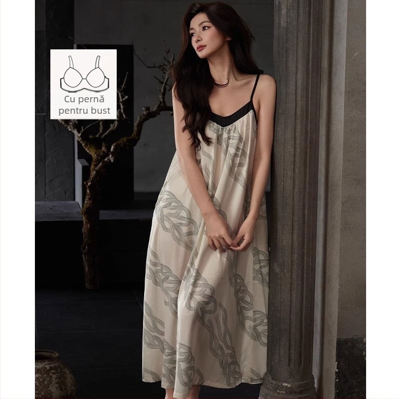 Rochie de noapte cu bretele din cloud cotton, decolteu în V, fără mâneci, lungime midi, stil luxos