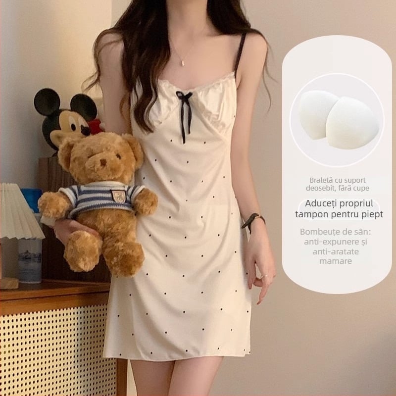 Pijamă de noapte cu dantelă Ice Silk – bretele, fără mâneci, fără guler, fustă scurtă, cu burete pentru bust