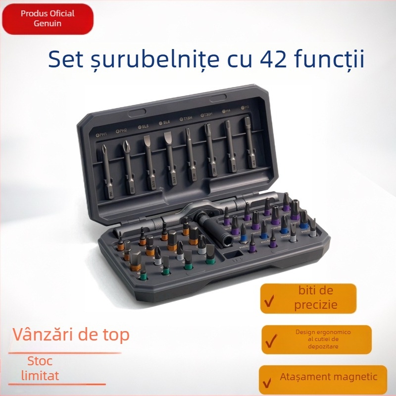 Set de șurubelnițe clichet 42 în 1 pentru demontaj, cu compartiment magnetic pentru biti, mâner anti-alunecare, biti detașabili cu atașamente variate (înainte/înapoi)