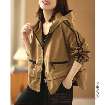 Geacă casual pentru femei cu glugă, mâneci lungi, buzunare cu fermoar, țesătură din bumbac/poliester, Toamnă 2022