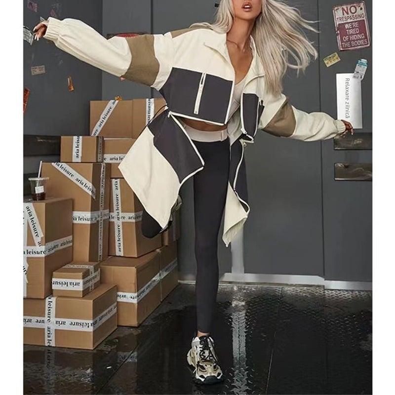 Geacă de damă din tricot de bumbac, cu model color-block și guler rever