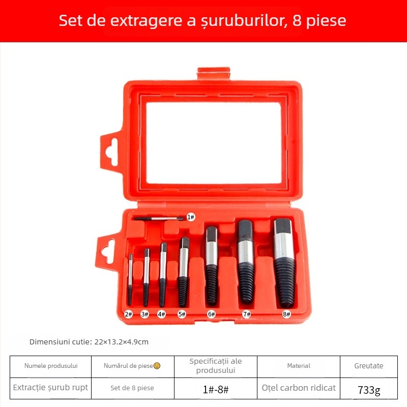 Set de extracție a șuruburilor rupte, din oțel de înaltă carbon, 8 piese, potrivit pentru 4–35 mm, utilizare casnică