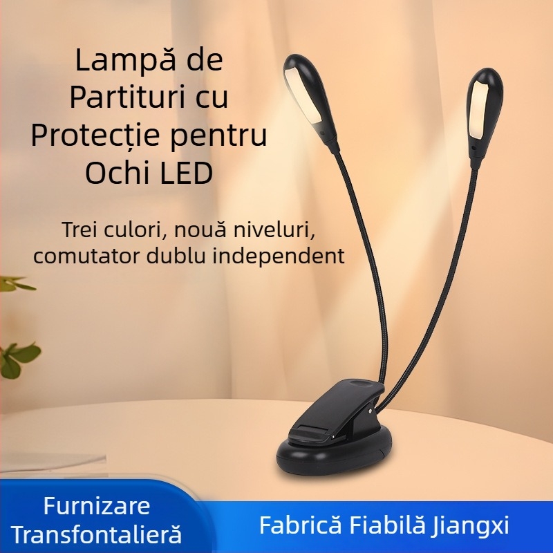 Lampă LED clip-on cu două capete pentru studiu, protecția ochilor, alimentare USB, iluminare pentru note și pian
