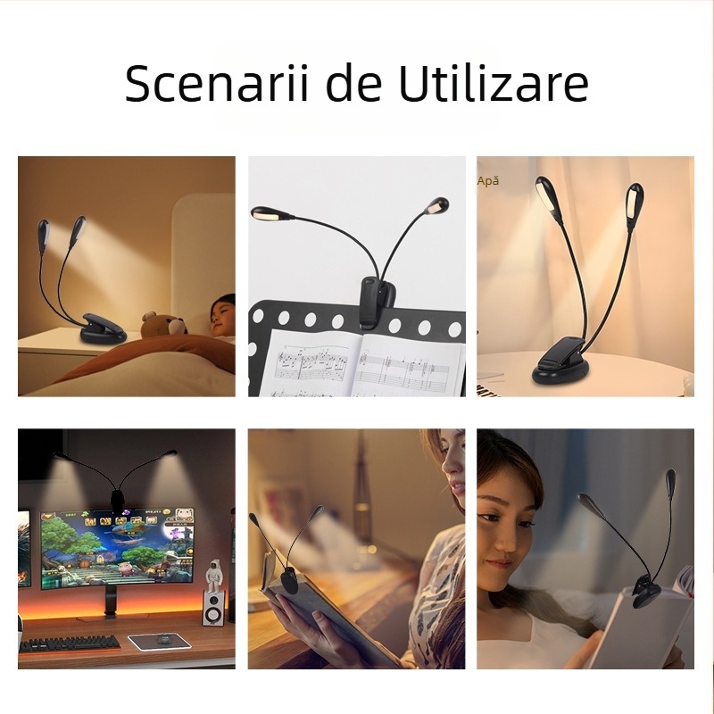 Lampă LED clip-on cu două capete pentru studiu, protecția ochilor, alimentare USB, iluminare pentru note și pian