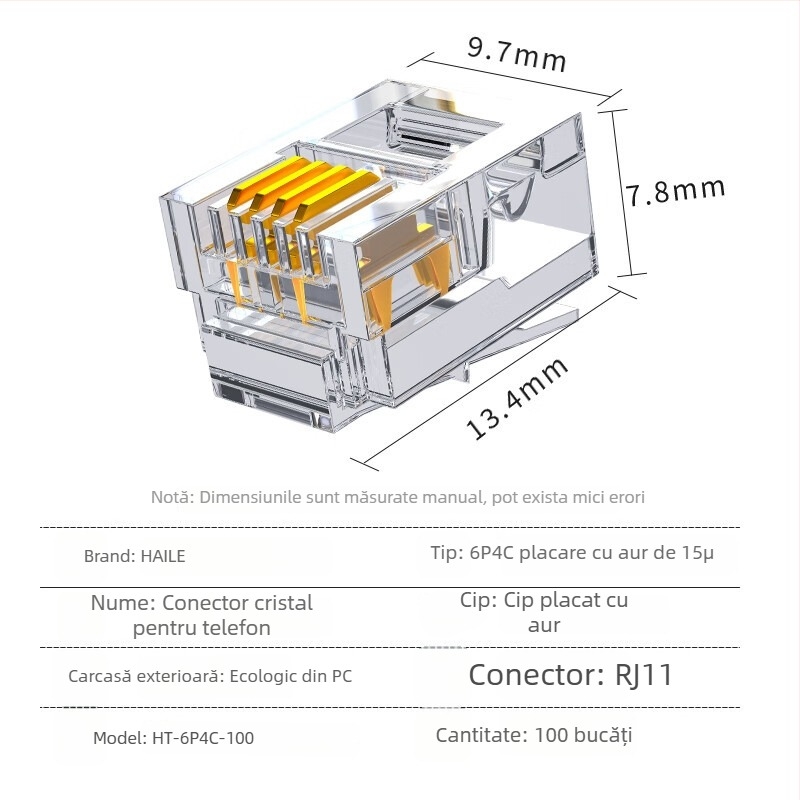 Conector telefon cristal RJ11 6P4C HT-6P4C, HAILE – pentru cabluri telefonice, panou de conectare și splitter ADSL