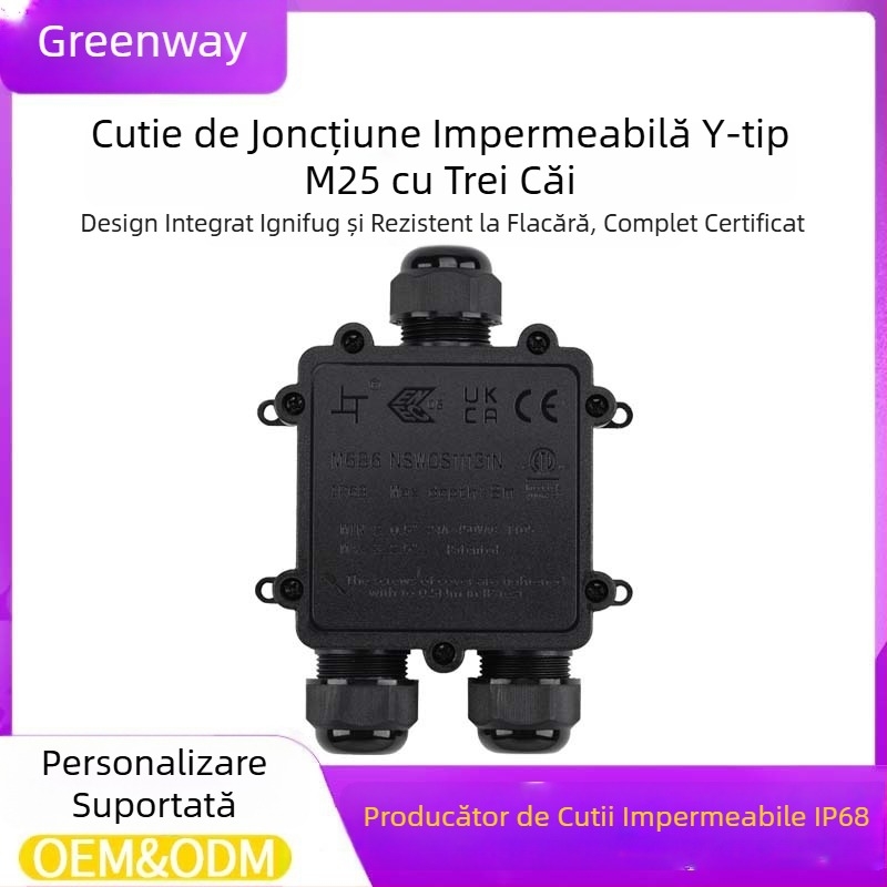 Greenway cutie de legătură din plastic impermeabilă, tip Y, neagră, M25, 1 intrare 2 ieșiri, cablu de alimentare