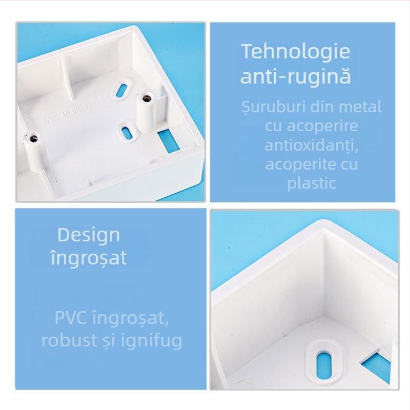 Cutie de conectare tip 86, montaj pe suprafață, 4 prize, PVC ignifug, bază îngroșată, pentru întrerupătoare și prize