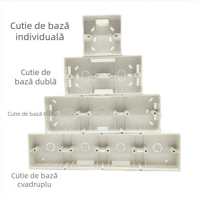 Cutie de conectare tip 86, montaj pe suprafață, 4 prize, PVC ignifug, bază îngroșată, pentru întrerupătoare și prize