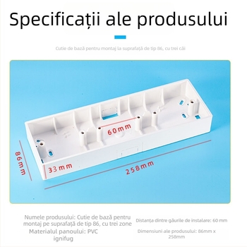 Cutie de legături tip 86, cu 3 posturi, întărită, ignifugă, universală, cutie deschisă pentru întrerupător și priză