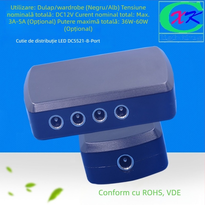 Cutie distribuție DC5521 cu 8 prize, conector 2.1×5.5 mm pentru iluminat LED