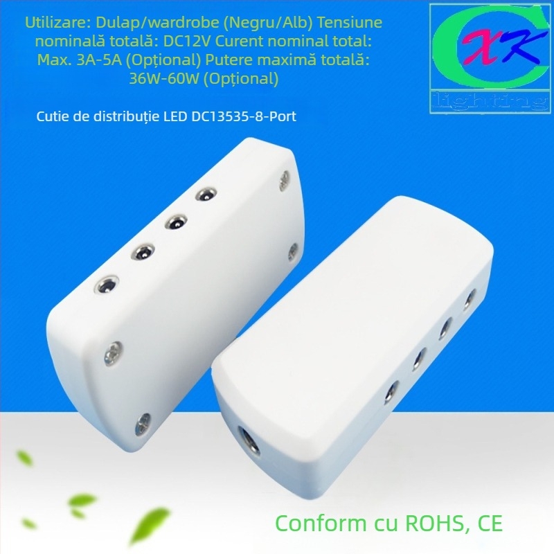 Cutie distribuție DC5521 cu 8 prize, conector 2.1×5.5 mm pentru iluminat LED
