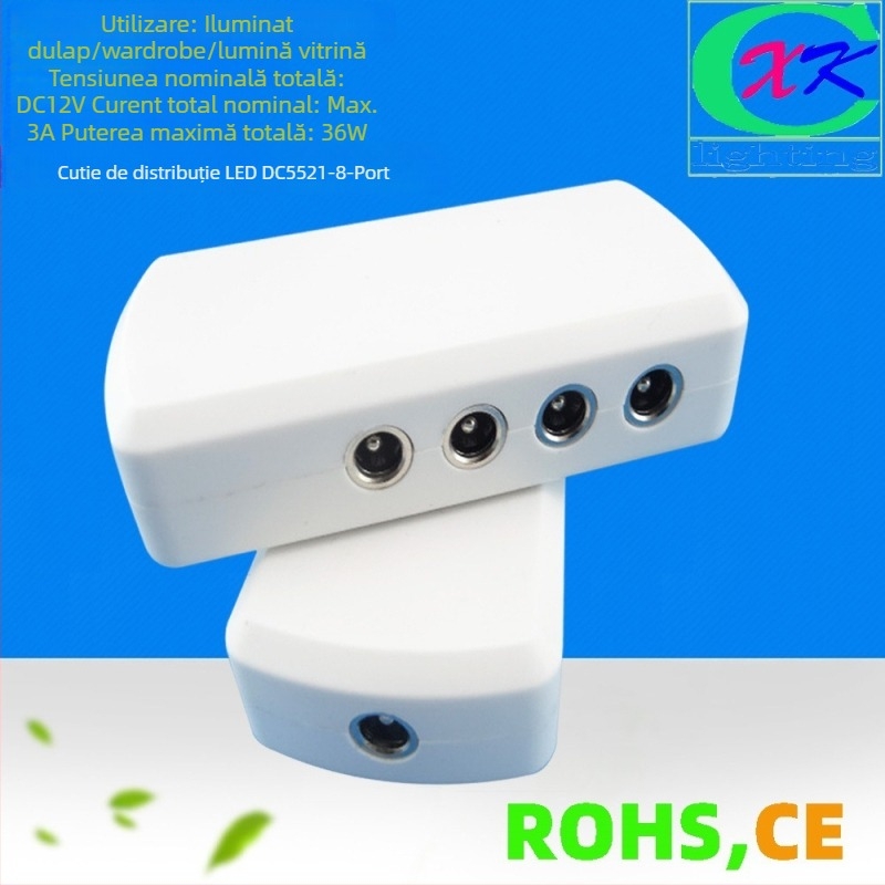 Cutie distribuție DC5521 cu 8 prize, conector 2.1×5.5 mm pentru iluminat LED