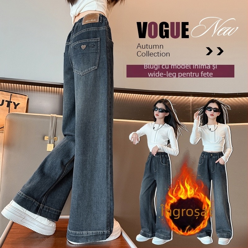 Blugi pentru fete, stil coreean, croială largă, căptuiți cu fleece pentru iarnă, talie înaltă cu cord elastic