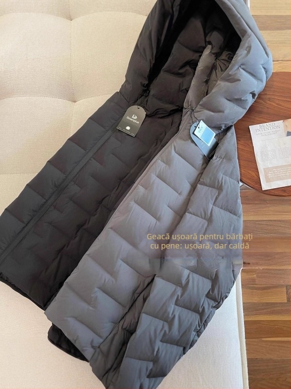 Geacă de puf cu umplutură din puf de gâscă alb, 100% conținut de puf, impermeabilă, cu glugă și guler înalt, potrivită pentru frig ușor (-5°C până la 0°C)