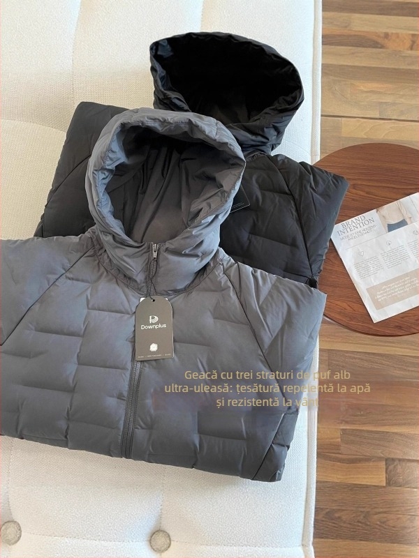 Geacă de puf cu umplutură din puf de gâscă alb, 100% conținut de puf, impermeabilă, cu glugă și guler înalt, potrivită pentru frig ușor (-5°C până la 0°C)