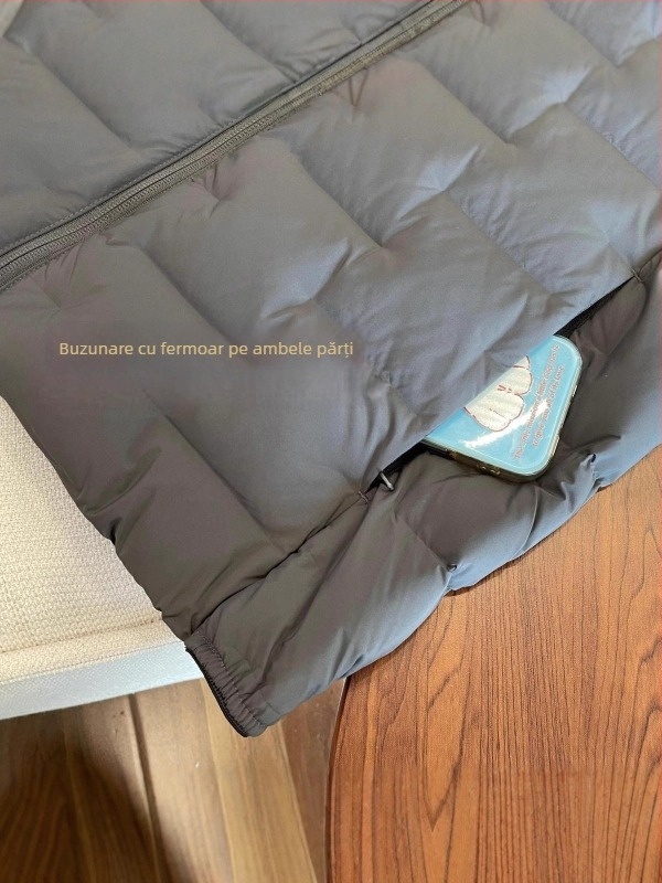 Geacă de puf cu umplutură din puf de gâscă alb, 100% conținut de puf, impermeabilă, cu glugă și guler înalt, potrivită pentru frig ușor (-5°C până la 0°C)