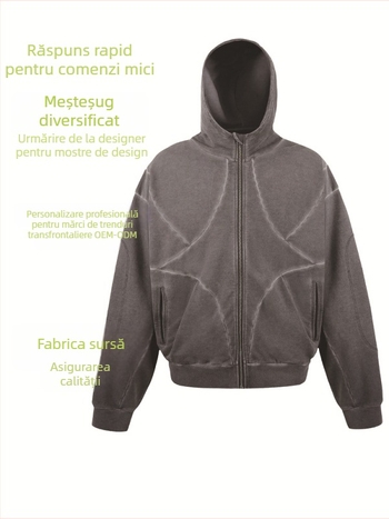 Hanorac cu glugă și fermoar, imprimeu cu litere, buzunar patch, croială lejeră