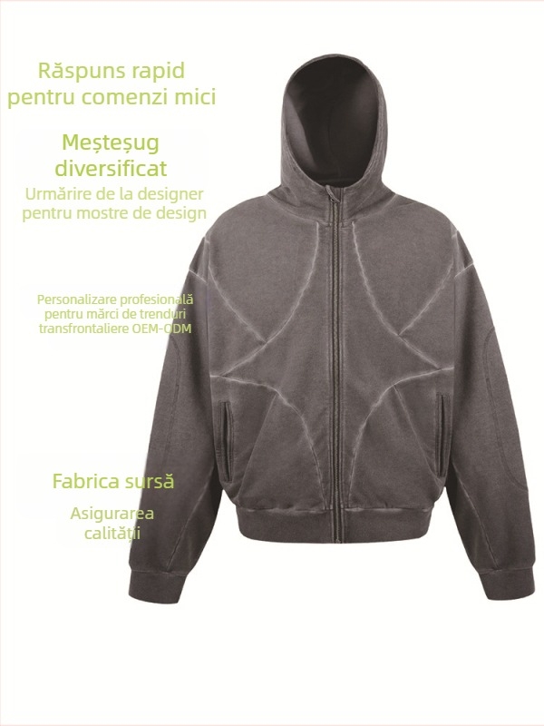 Hanorac cu glugă și fermoar, imprimeu cu litere, buzunar patch, croială lejeră