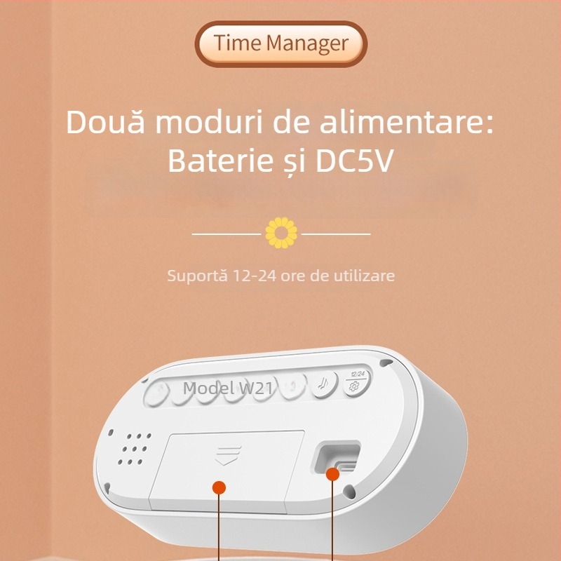 Ceas deșteptător cu calendar, termometru, cronograf și oră mondială — afișaj LED