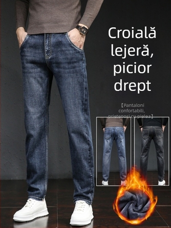 Blugi de iarnă pentru bărbați, cu căptușeală fleece, croială lejeră, drept, talie medie, fermoar, denim din bumbac (73% bumbac, 25,8% poliester, 1,2% elastan)