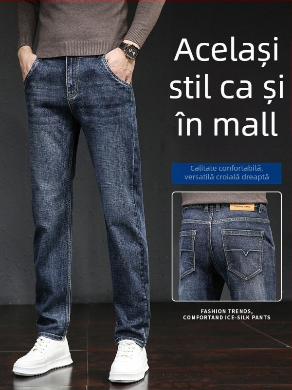 Blugi de iarnă pentru bărbați, cu căptușeală fleece, croială lejeră, drept, talie medie, fermoar, denim din bumbac (73% bumbac, 25,8% poliester, 1,2% elastan)