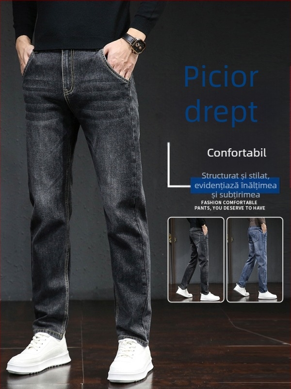 Blugi de iarnă pentru bărbați, cu căptușeală fleece, croială lejeră, drept, talie medie, fermoar, denim din bumbac (73% bumbac, 25,8% poliester, 1,2% elastan)