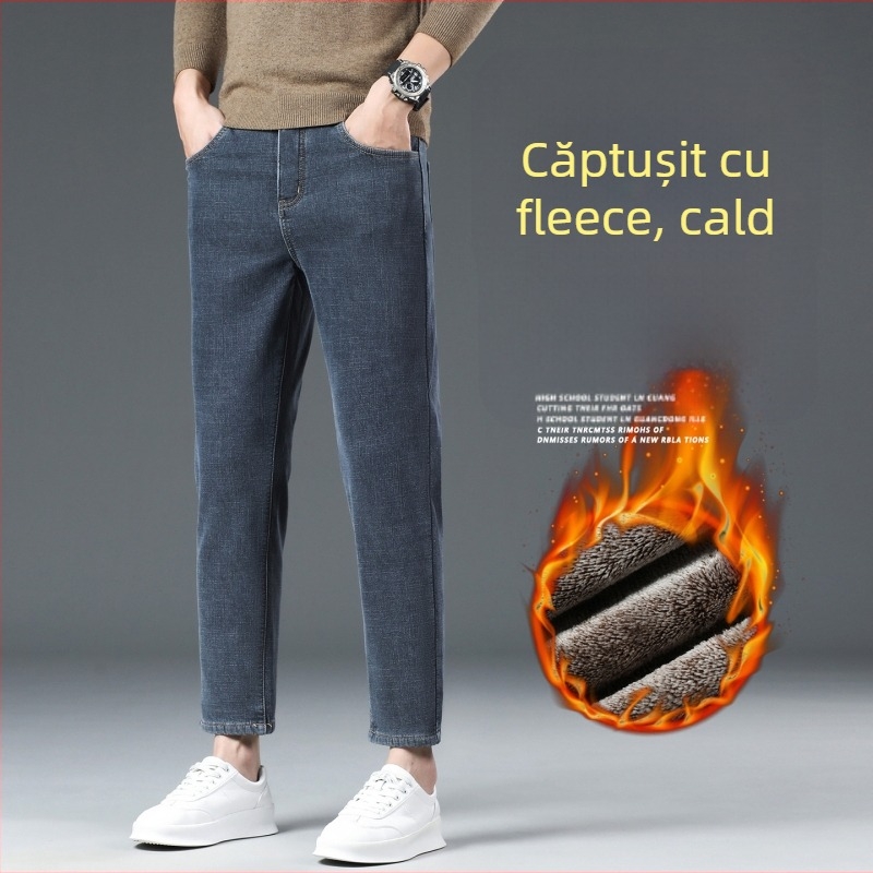 Jeanși bărbătești cu fleece și stretch, talie medie, croială dreaptă, lungime până la gleznă, fermoar