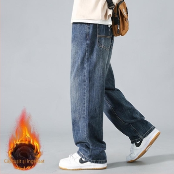 Blugi drept din denim, talie medie, microelasticitate, stil japonez de lucru, pentru timp liber