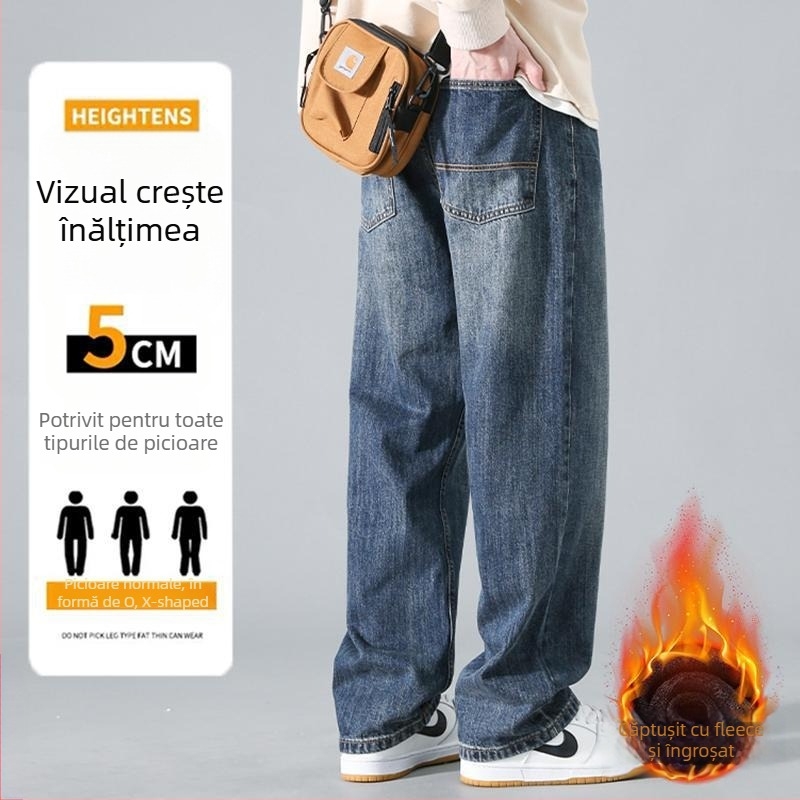 Blugi drept din denim, talie medie, microelasticitate, stil japonez de lucru, pentru timp liber