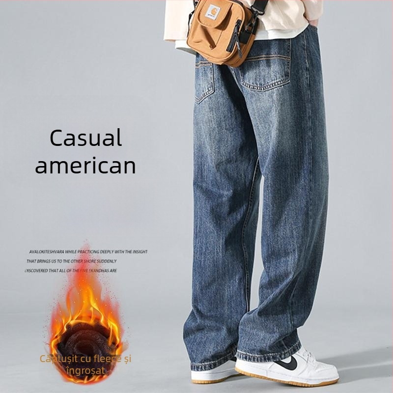 Blugi drept din denim, talie medie, microelasticitate, stil japonez de lucru, pentru timp liber