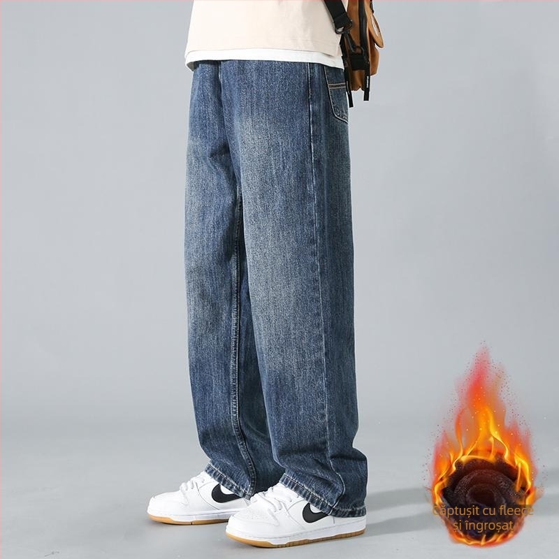 Blugi drept din denim, talie medie, microelasticitate, stil japonez de lucru, pentru timp liber